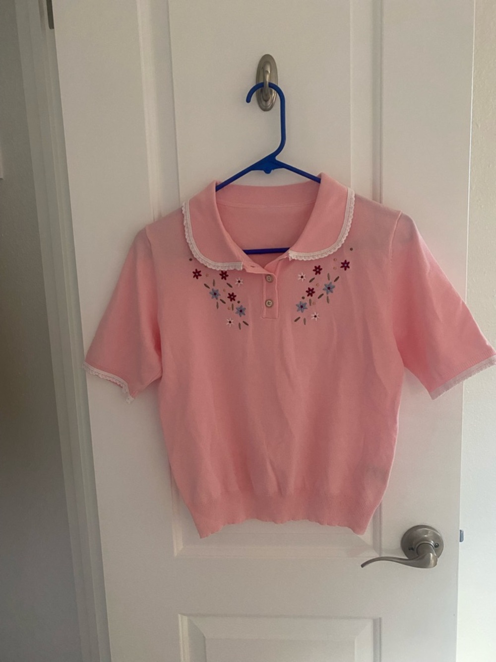 Girls' Pink Embroidered Peter Pan Collar Polo Shirt